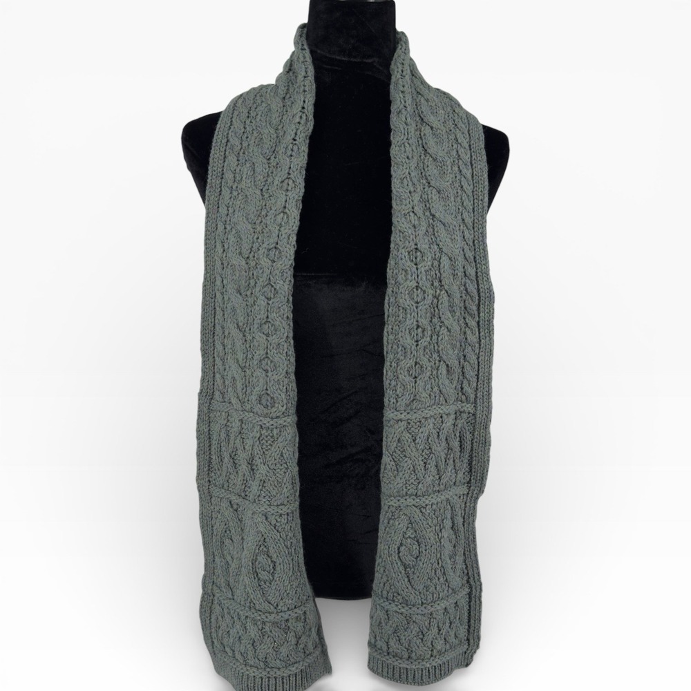 Blarney Woollen Mills Scarf 100% Merino Wool Ireland Sage Grey Cable Knit 62x9